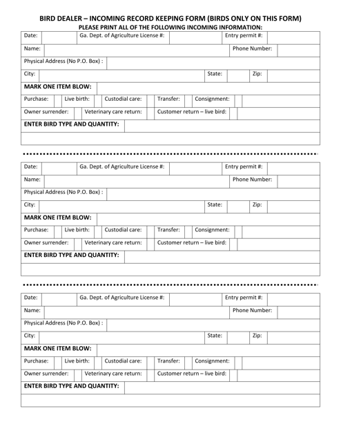 Bird Dealer - Incoming Record Keeping Form - Georgia (United States) Download Pdf