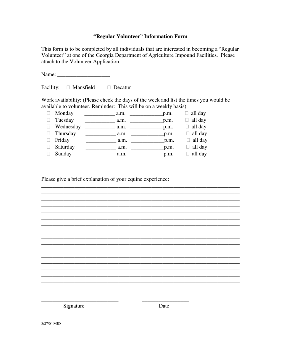 regular Volunteer Information Form - Georgia (United States), Page 1