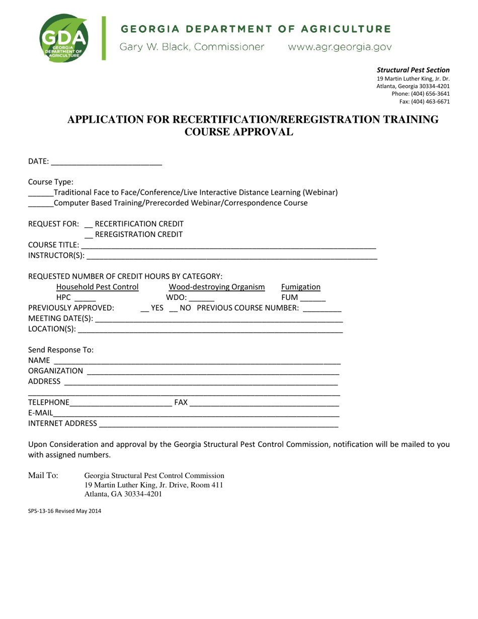 Form SPS-13-16 Application for Recertification/Reregistration Training Course Approval - Georgia (United States), Page 1