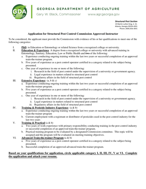Application for Structural Pest Control Commission Approved Instructor - Georgia (United States) Download Pdf