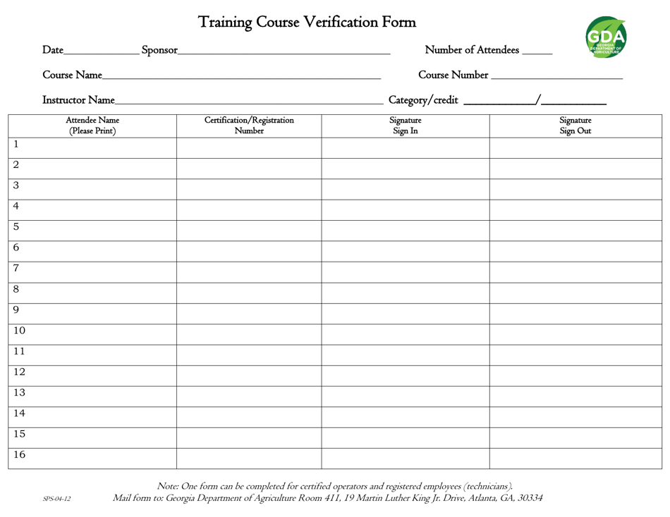 Form SPS-04-12 Training Course Verification Form - Georgia (United States), Page 1