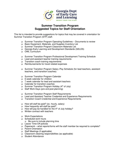 Suggested Topics for Staff Orientation - Summer Transition Program - Georgia (United States) Download Pdf