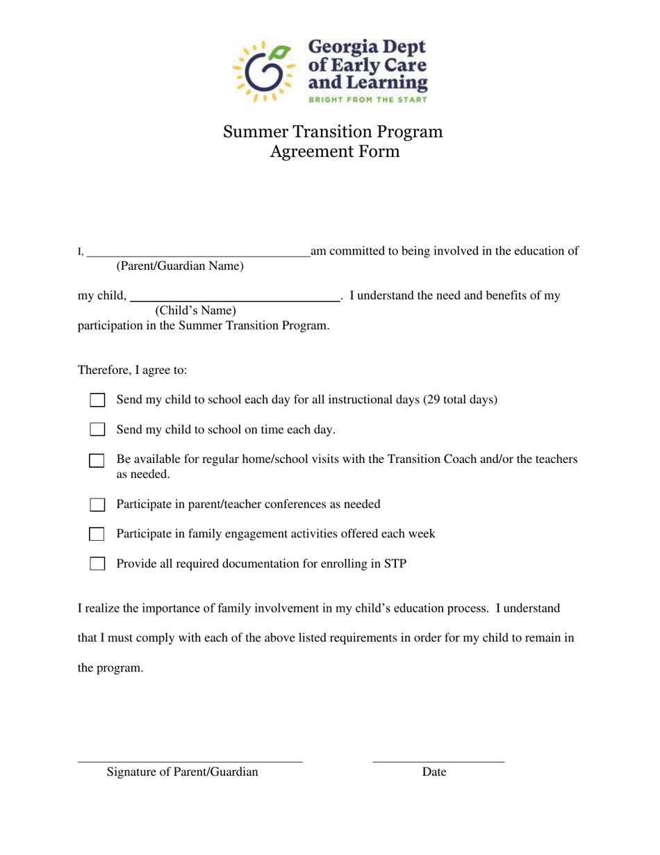 Summer Transition Program Agreement Form - Georgia (United States), Page 1
