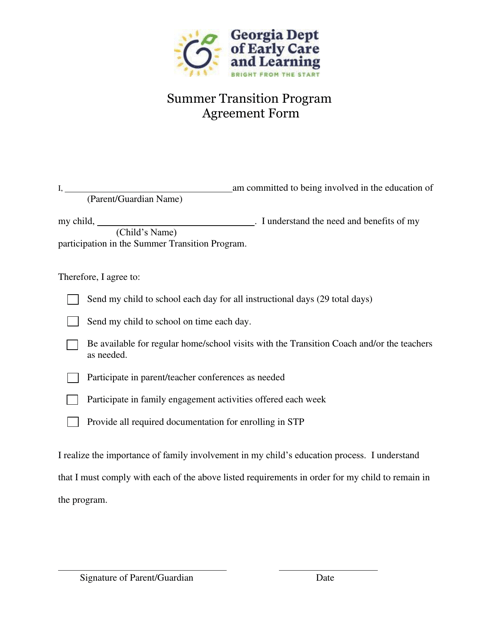 Summer Transition Program Agreement Form - Georgia (United States)