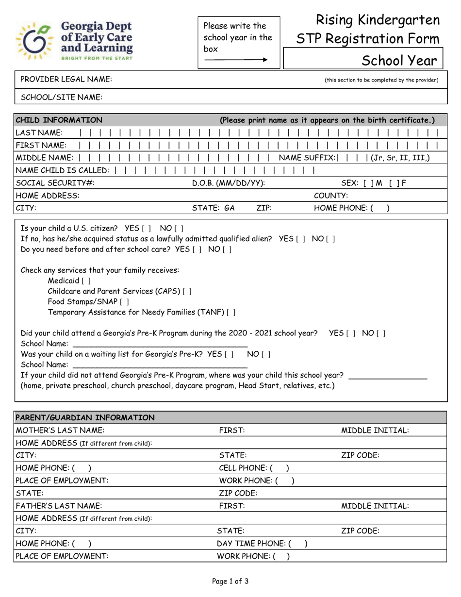 Rising Kindergarten Stp Registration Form - Georgia (United States), Page 1