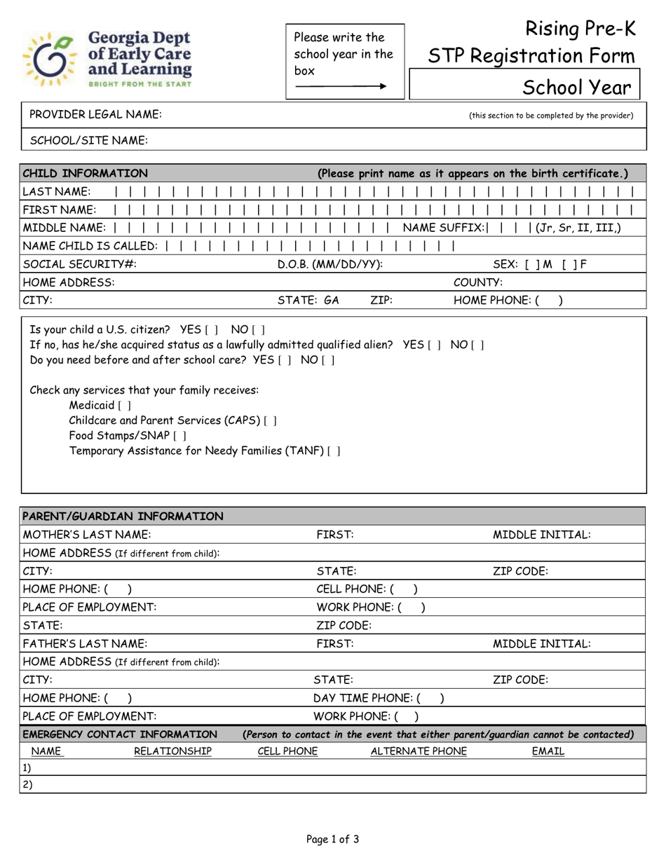 Rising Pre-k Stp Registration Form - Georgia (United States), Page 1