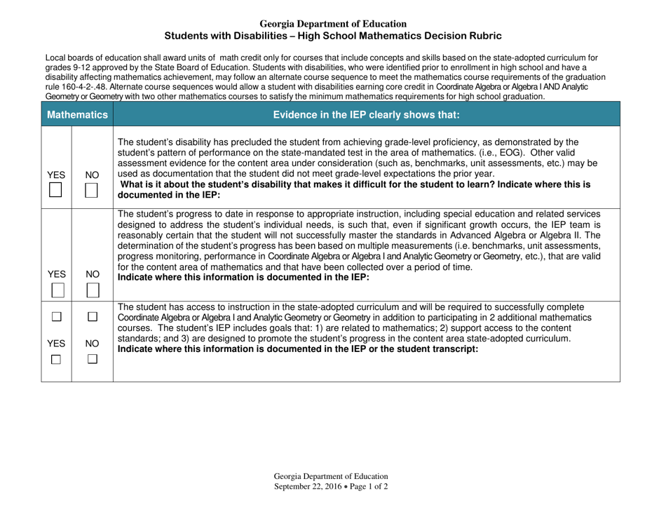 Students With Disabilities - High School Mathematics Decision Rubric - Georgia (United States), Page 1