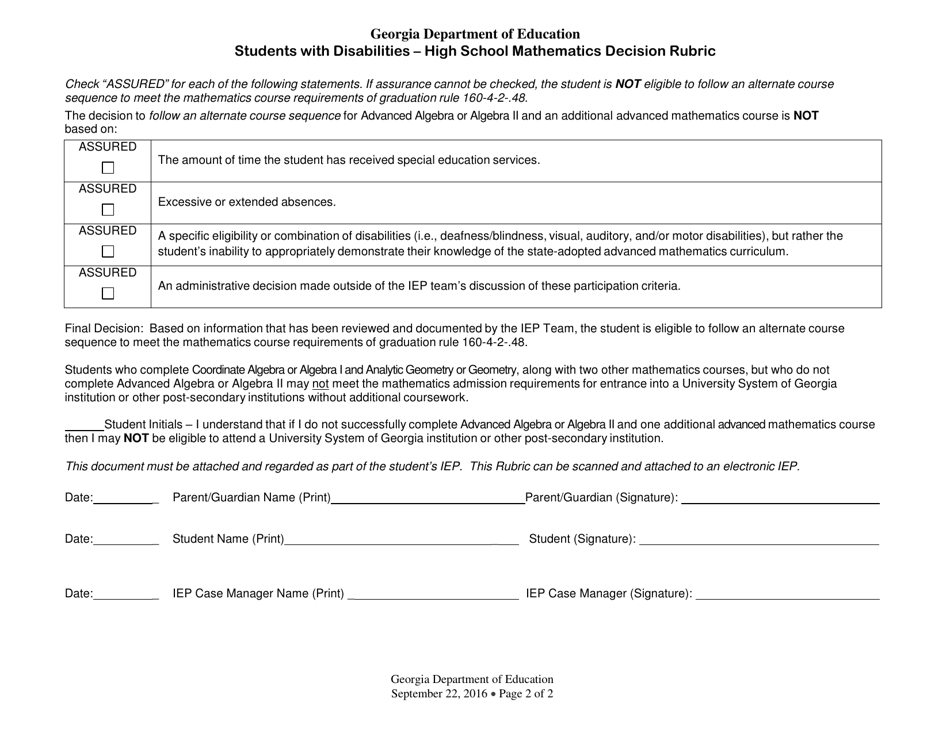 Students With Disabilities - High School Mathematics Decision Rubric - Georgia (United States), Page 2
