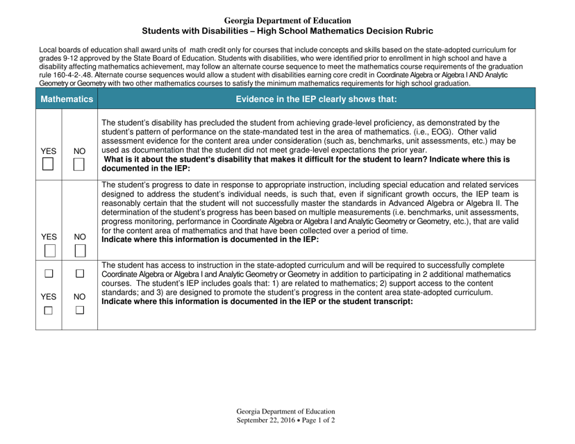 &quot;Students With Disabilities - High School Mathematics Decision Rubric&quot; - Georgia (United States) Download Pdf