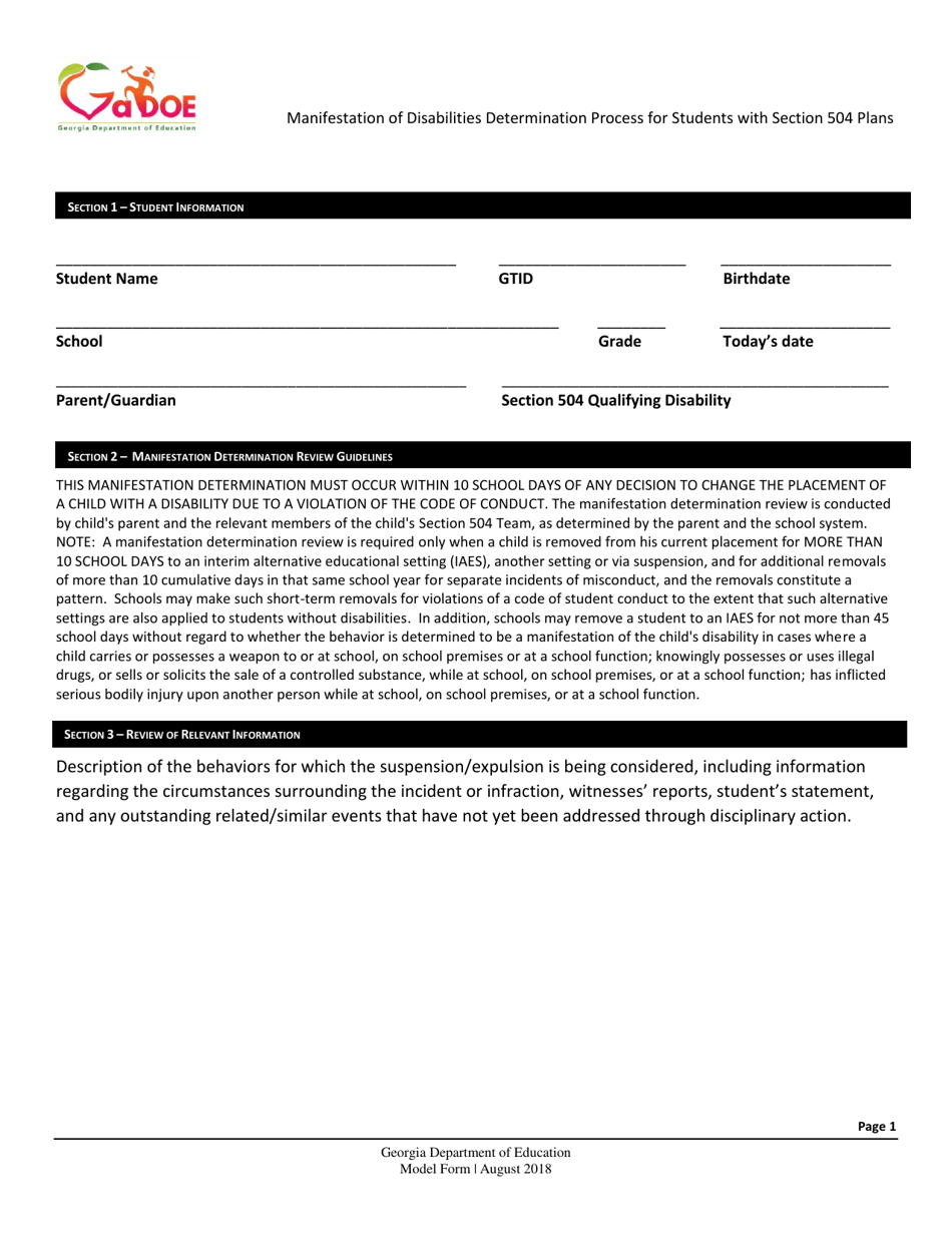 Manifestation of Disabilities Determination Process for Students With Section 504 Plans - Georgia (United States), Page 1