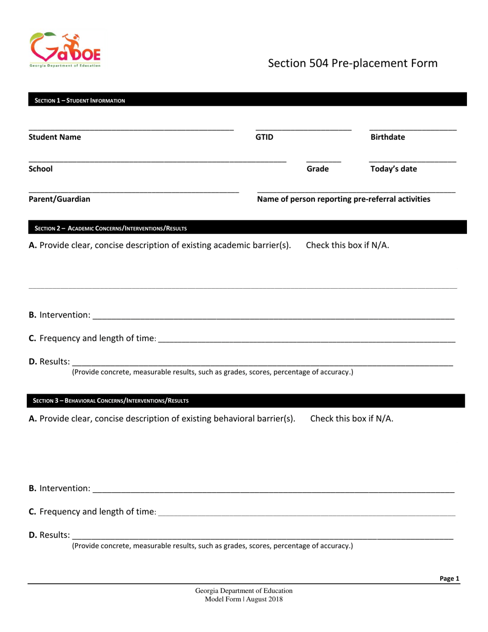 Section 504 Pre-placement Form - Georgia (United States), Page 1