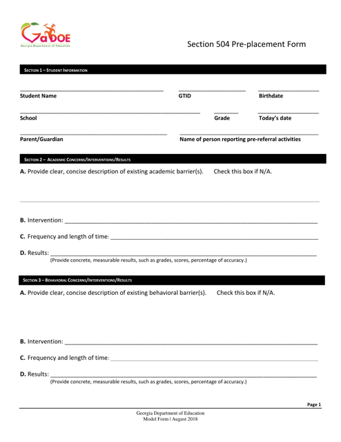 Section 504 Pre-placement Form - Georgia (United States) Download Pdf