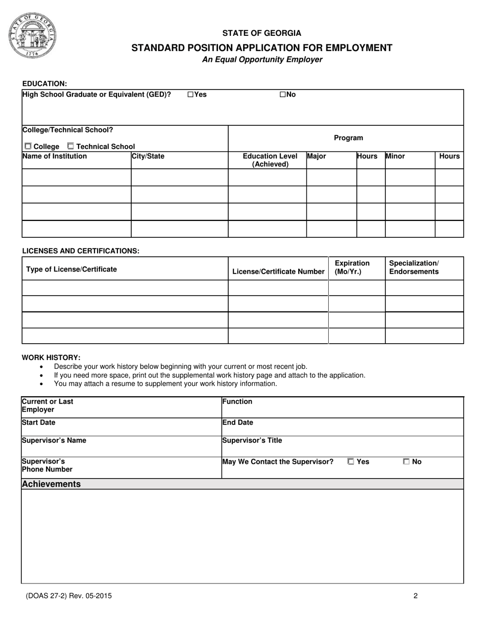 Form DOAS27-2 Standard Position Application for Employment - Georgia (United States), Page 2