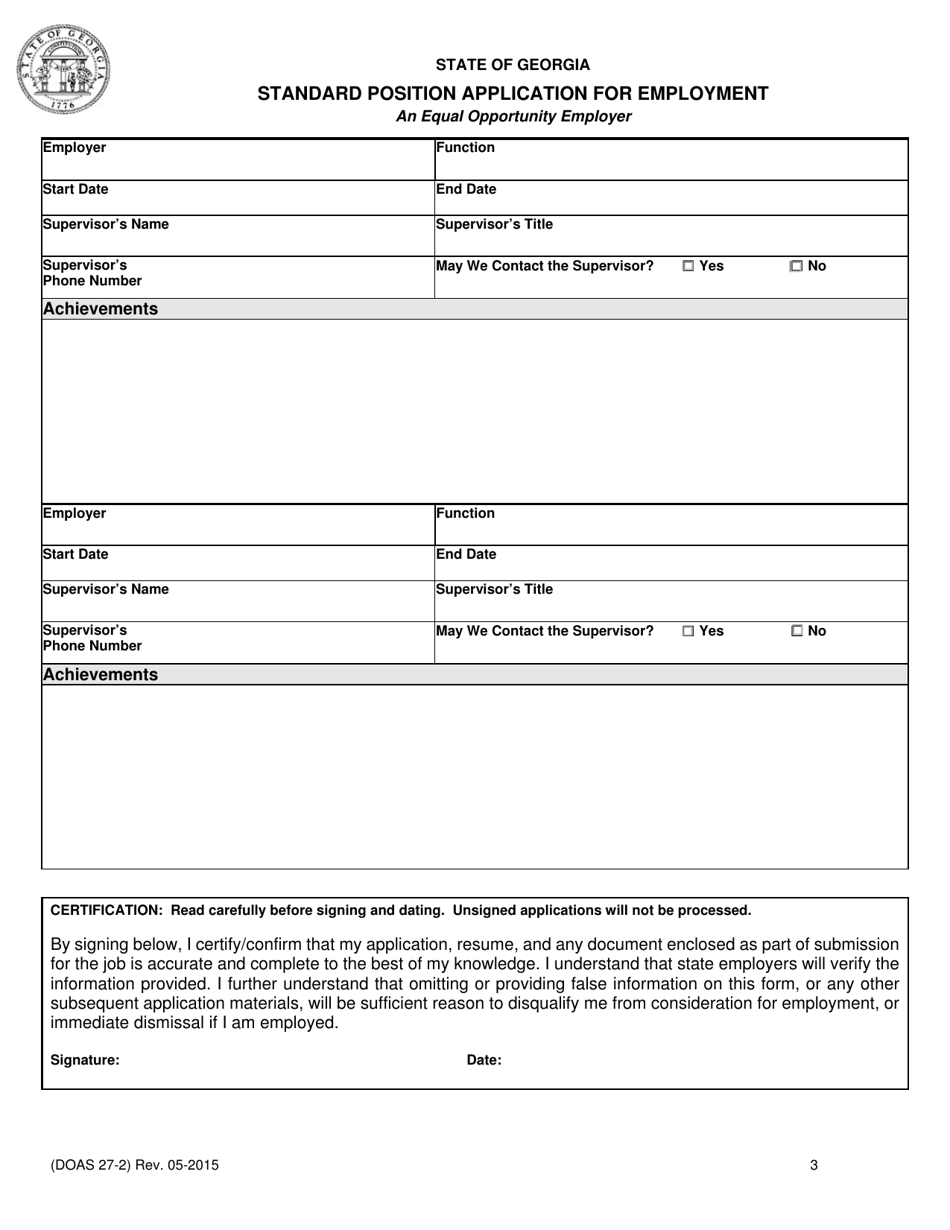 Form DOAS27-2 Standard Position Application for Employment - Georgia (United States), Page 3