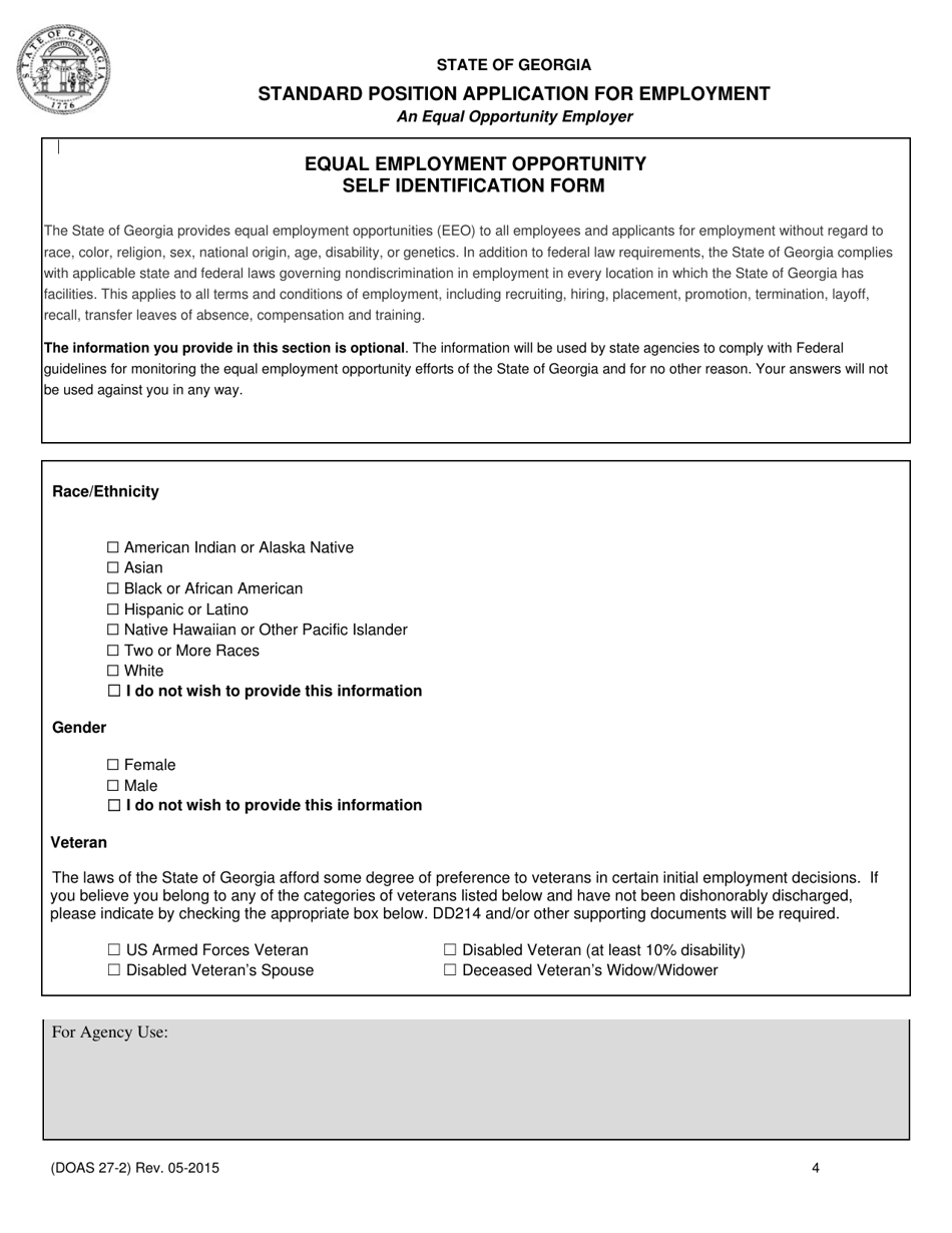 Form DOAS27-2 Standard Position Application for Employment - Georgia (United States), Page 4