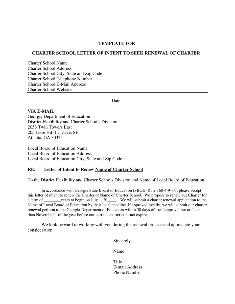 Template for Charter School Letter of Intent to Seek Renewal of Charter - Georgia (United States), Page 1