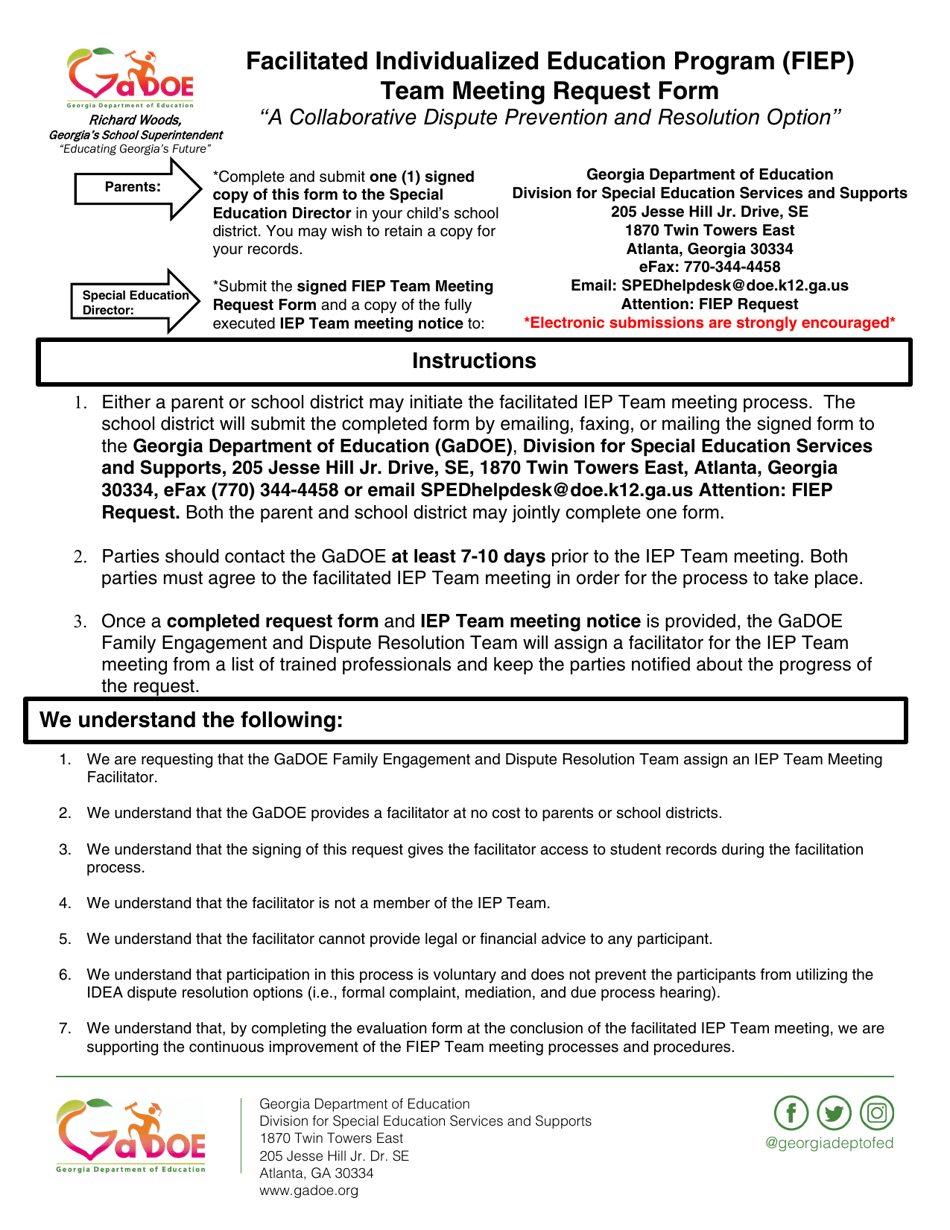 Team Meeting Request Form - Facilitated Individualized Education Program (Fiep) - Georgia (United States), Page 1