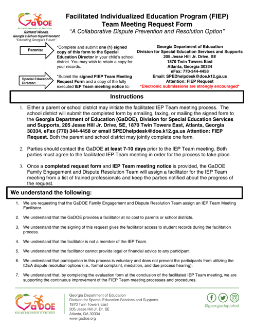 "Team Meeting Request Form - Facilitated Individualized Education Program (Fiep)" - Georgia (United States) Download Pdf