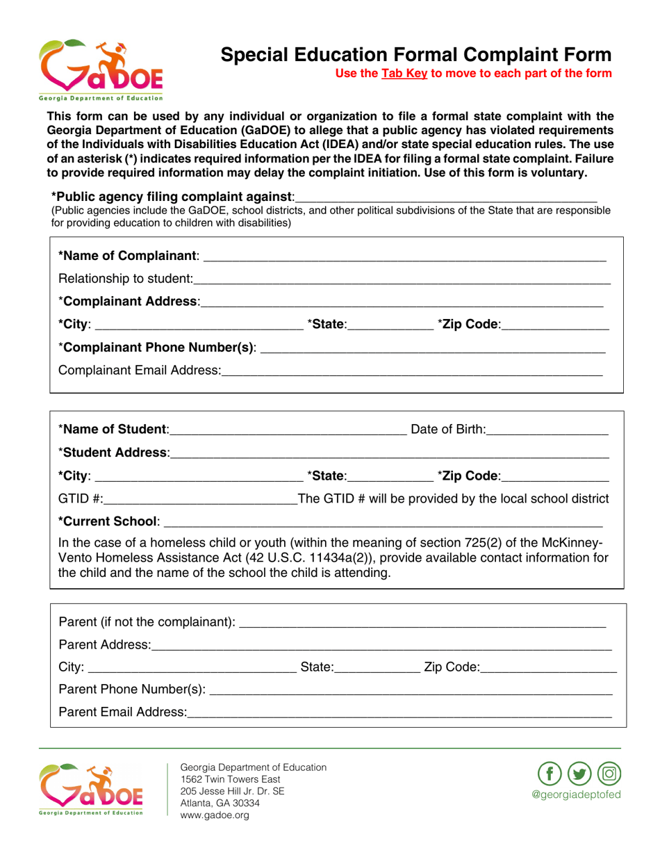 Special Education Formal Complaint Form - Georgia (United States), Page 1