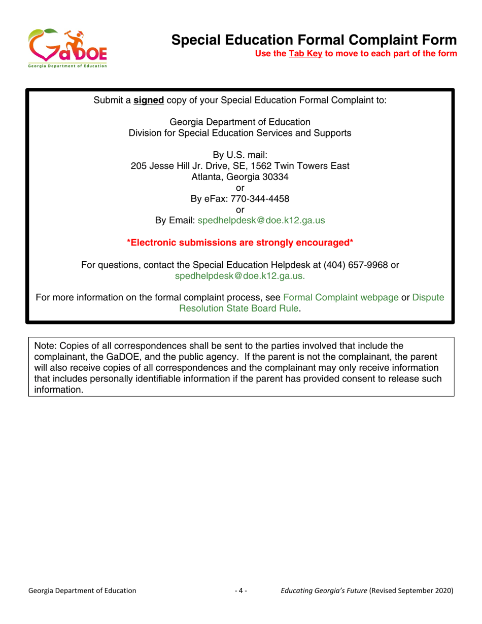 Special Education Formal Complaint Form - Georgia (United States), Page 4