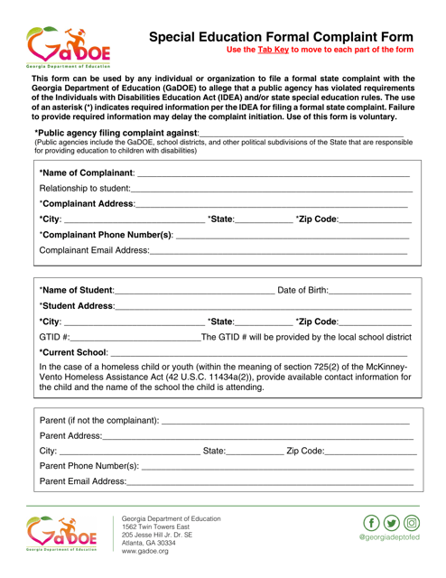 Special Education Formal Complaint Form - Georgia (United States) Download Pdf