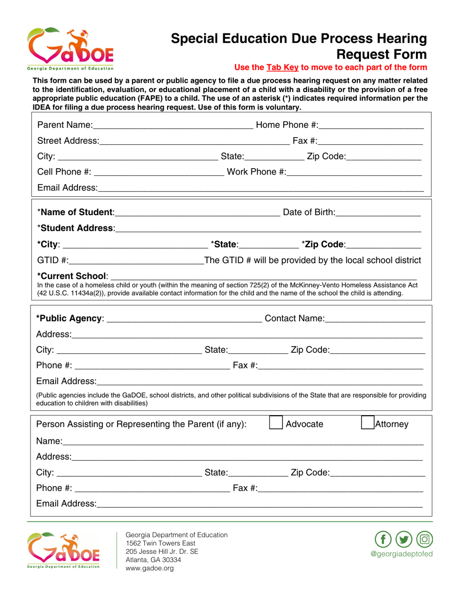 Special Education Due Process Hearing Request Form - Georgia (United States), Page 1