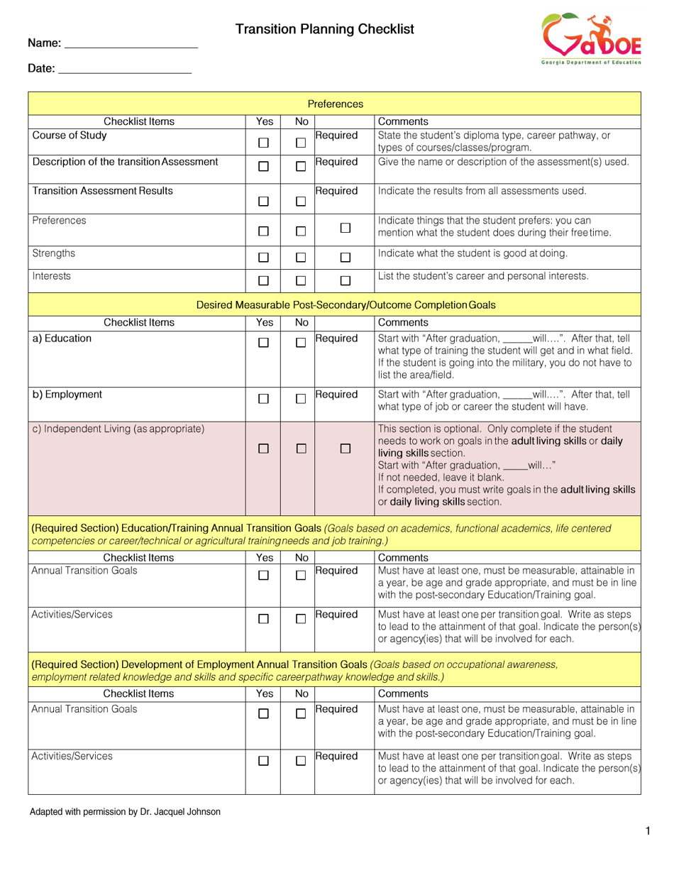 Transition Planning Checklist - Georgia (United States), Page 1