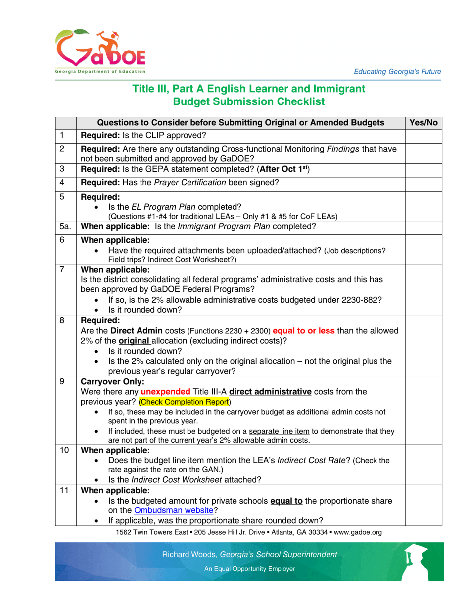 Title Iii, Part a English Learner and Immigrant Budget Submission Checklist - Georgia (United States), Page 1