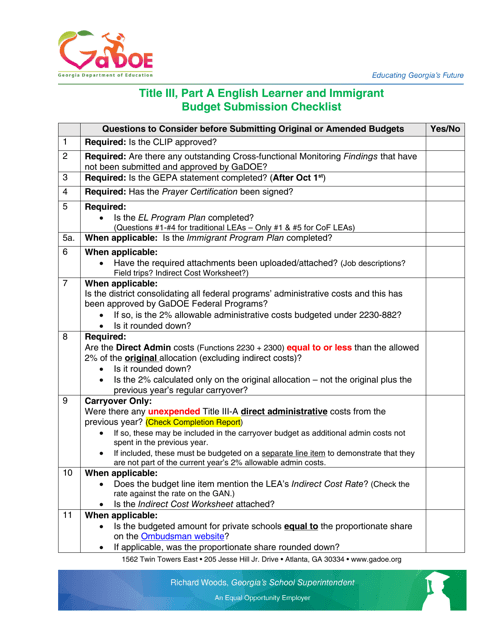 Title Iii, Part a English Learner and Immigrant Budget Submission Checklist - Georgia (United States) Download Pdf