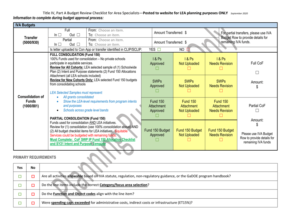 Title IV, Part a Budget Review Checklist for Area Specialists - Georgia (United States), Page 2
