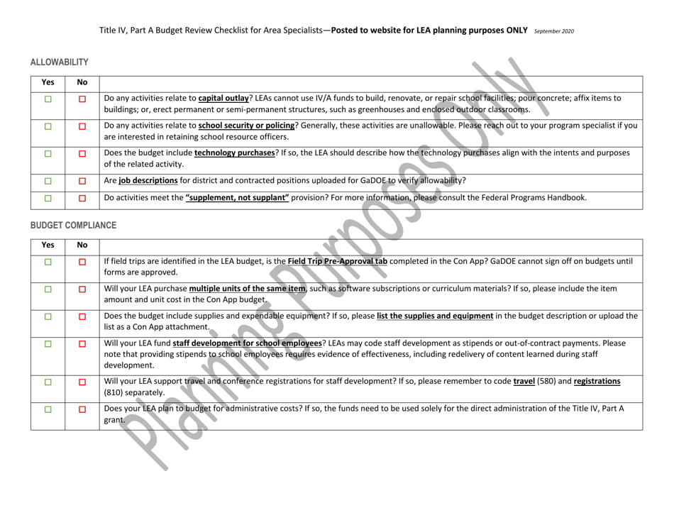 Title IV, Part a Budget Review Checklist for Area Specialists - Georgia (United States), Page 3