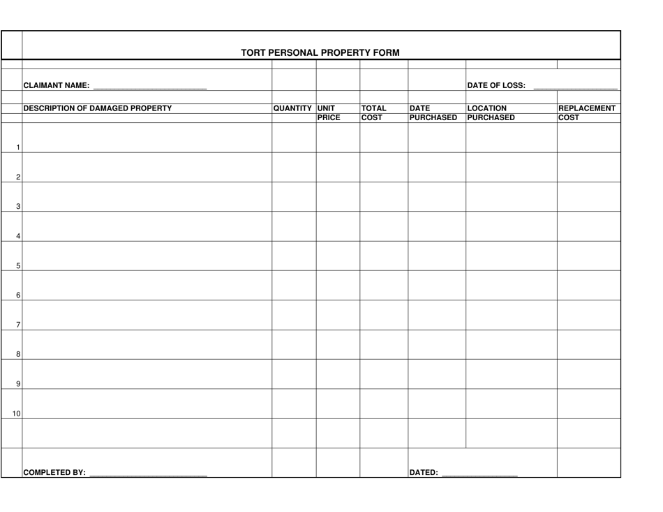 Tort Personal Property Form - Hawaii, Page 1