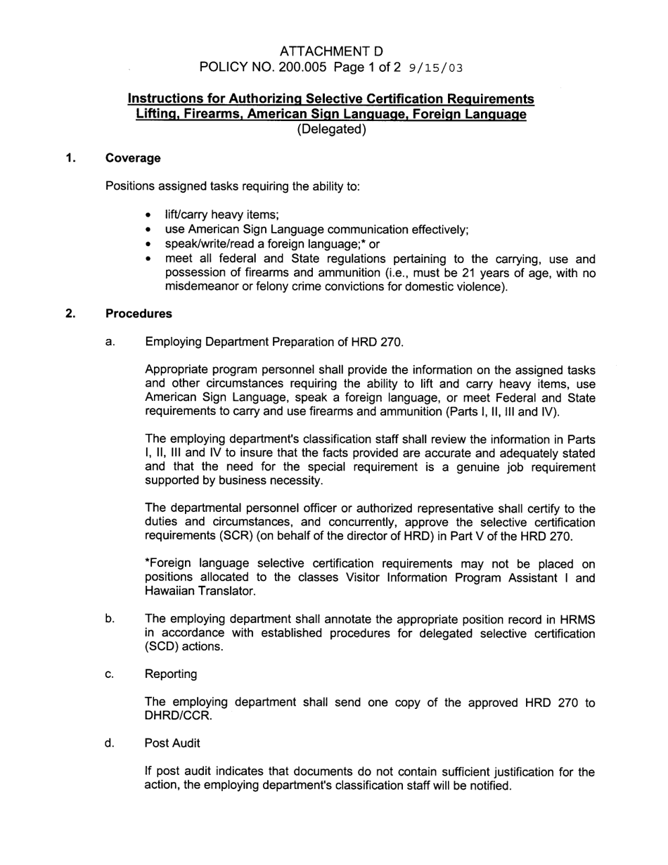 Form HRD270 Attachment D Selective Certification Requirement - Lifting, Firearms, American Sign Language, Foreign Language (Delegated) - Hawaii, Page 1