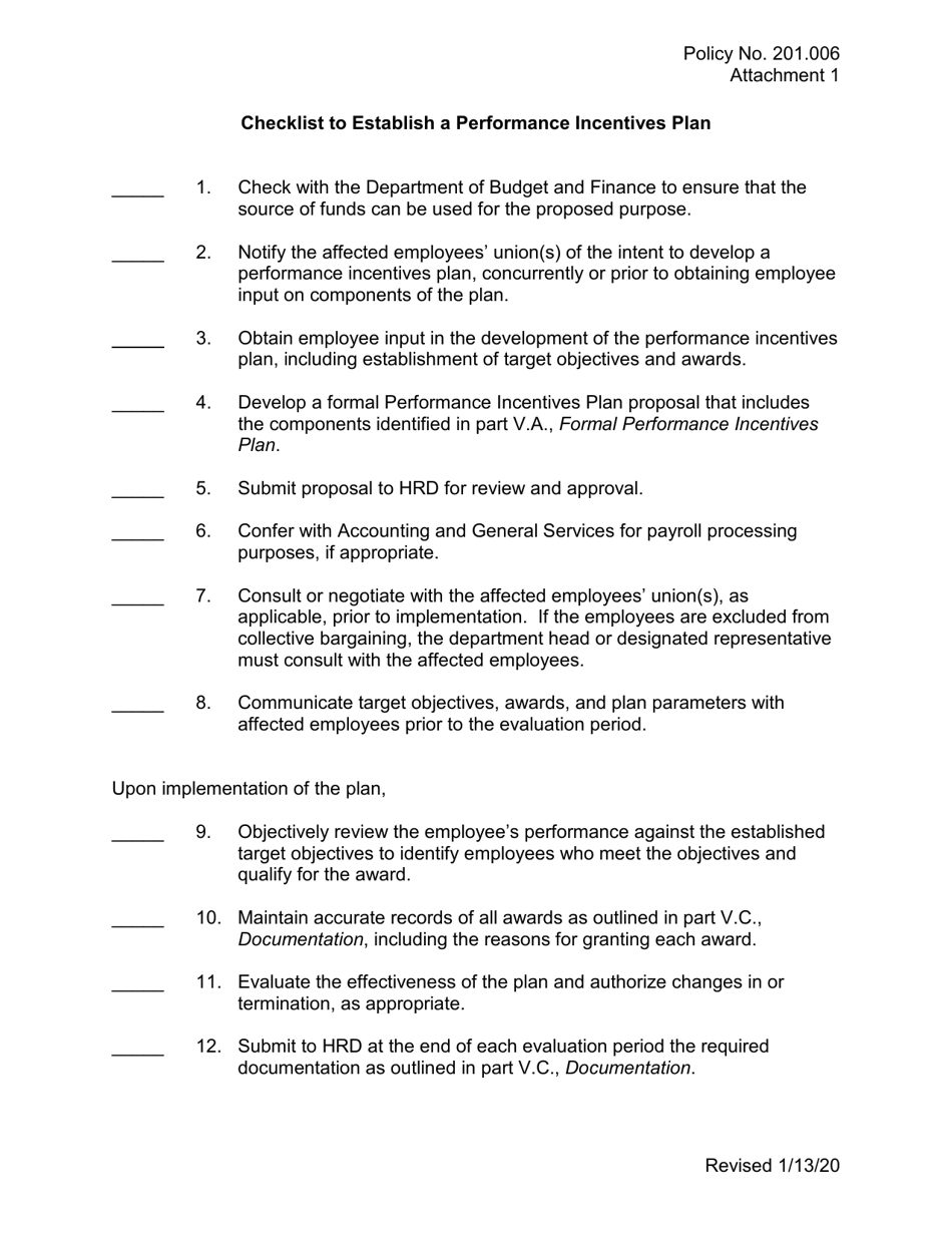 Attachment 1 Checklist to Establish a Performance Incentives Plan - Hawaii, Page 1