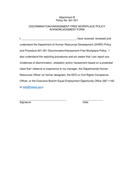 Document preview: Attachment B Discrimination/Harassment-Free Workplace Policy Acknowledgment Form - Hawaii