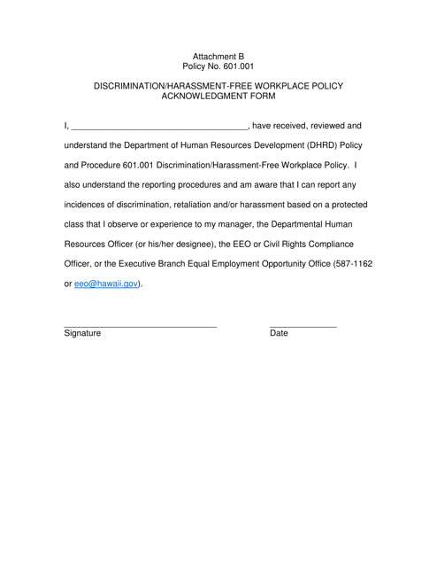 Attachment B Discrimination/Harassment-Free Workplace Policy Acknowledgment Form - Hawaii