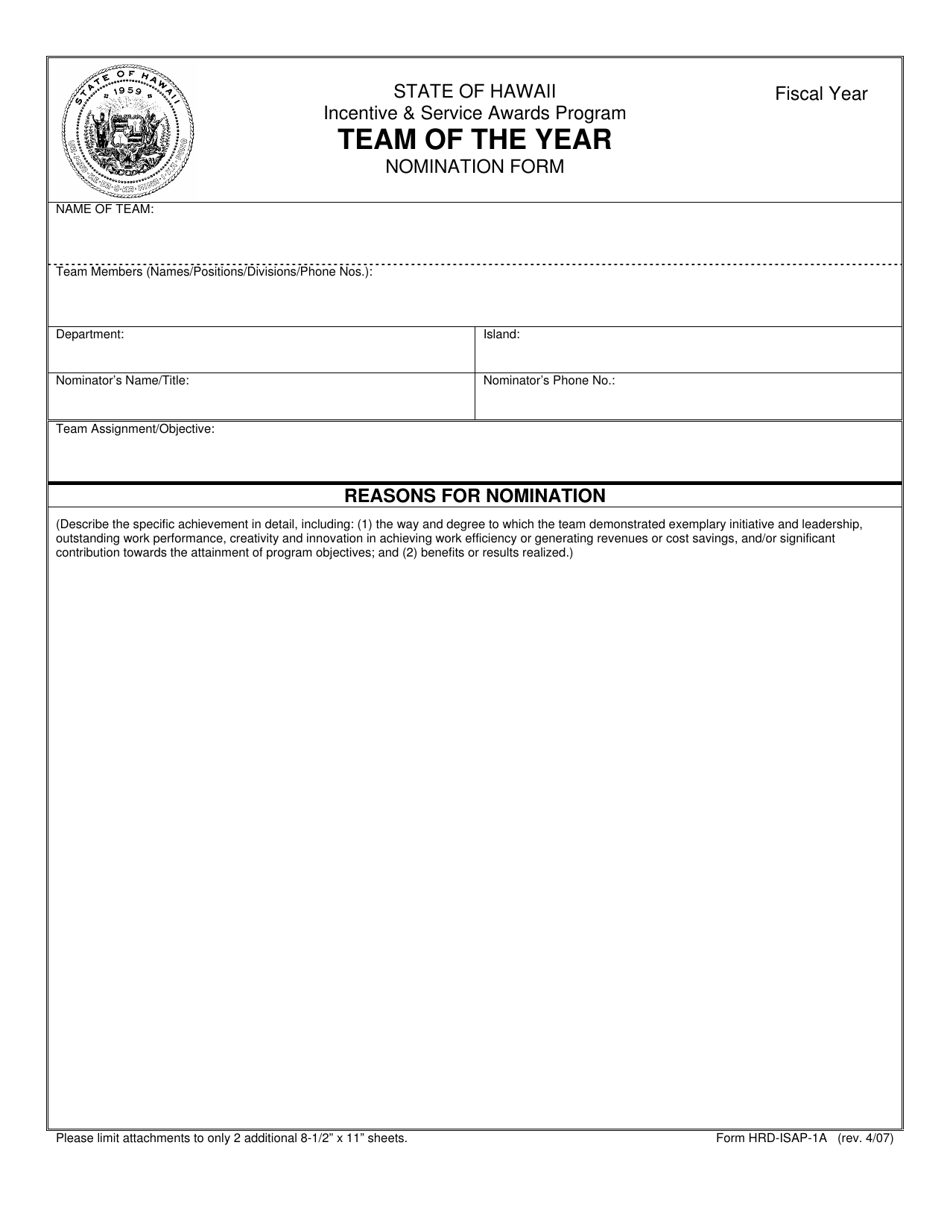 Form HRD-ISAP-1A Team of the Year Nomination Form - Hawaii, Page 1