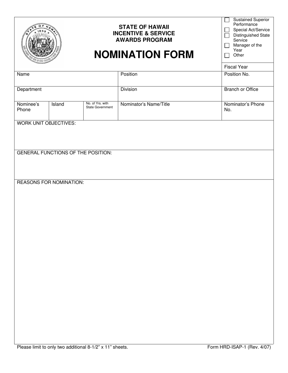 Form HRD-ISAP-1 Employee and Manager of the Year Nomination Form - Hawaii, Page 1