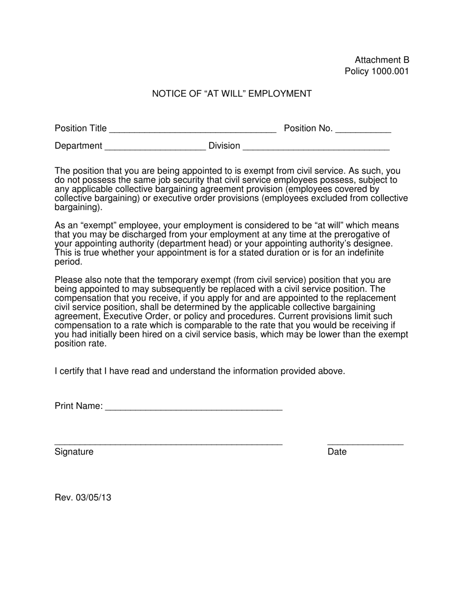 Attachment B Notice of at Will Employment - Hawaii, Page 1