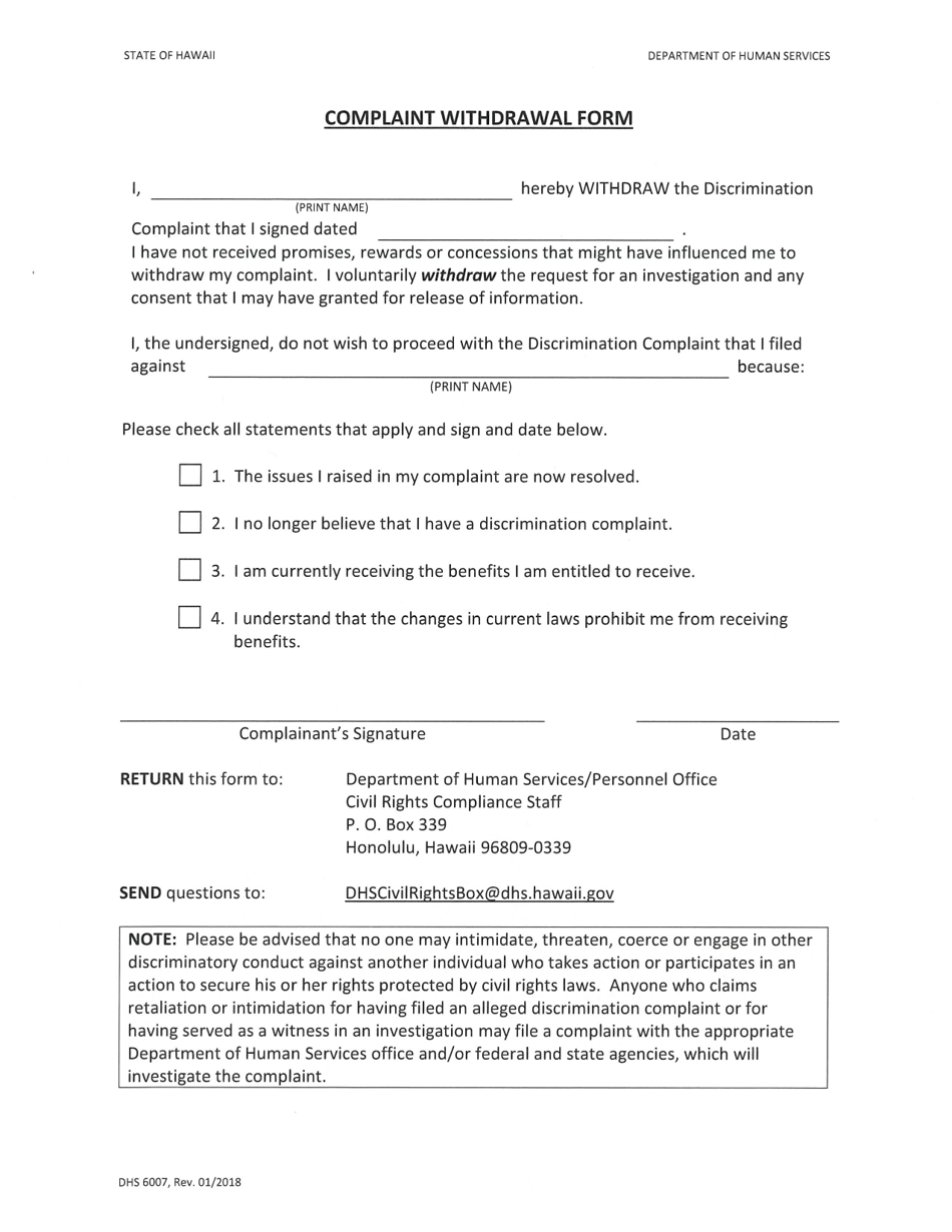Form DHS6007 Complaint Withdrawal Form - Hawaii, Page 1