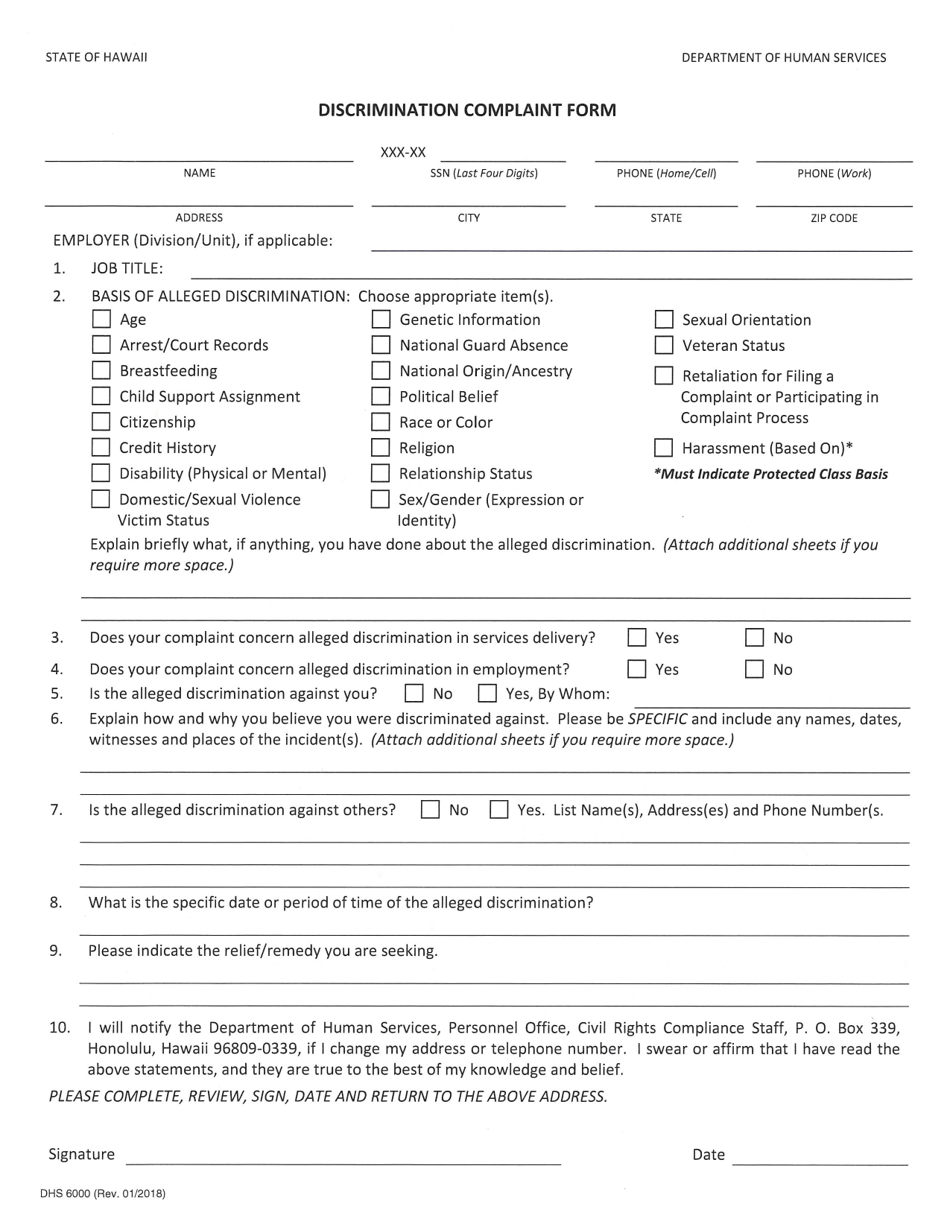 Form DHS6000 Discrimination Complaint Form - Hawaii, Page 1