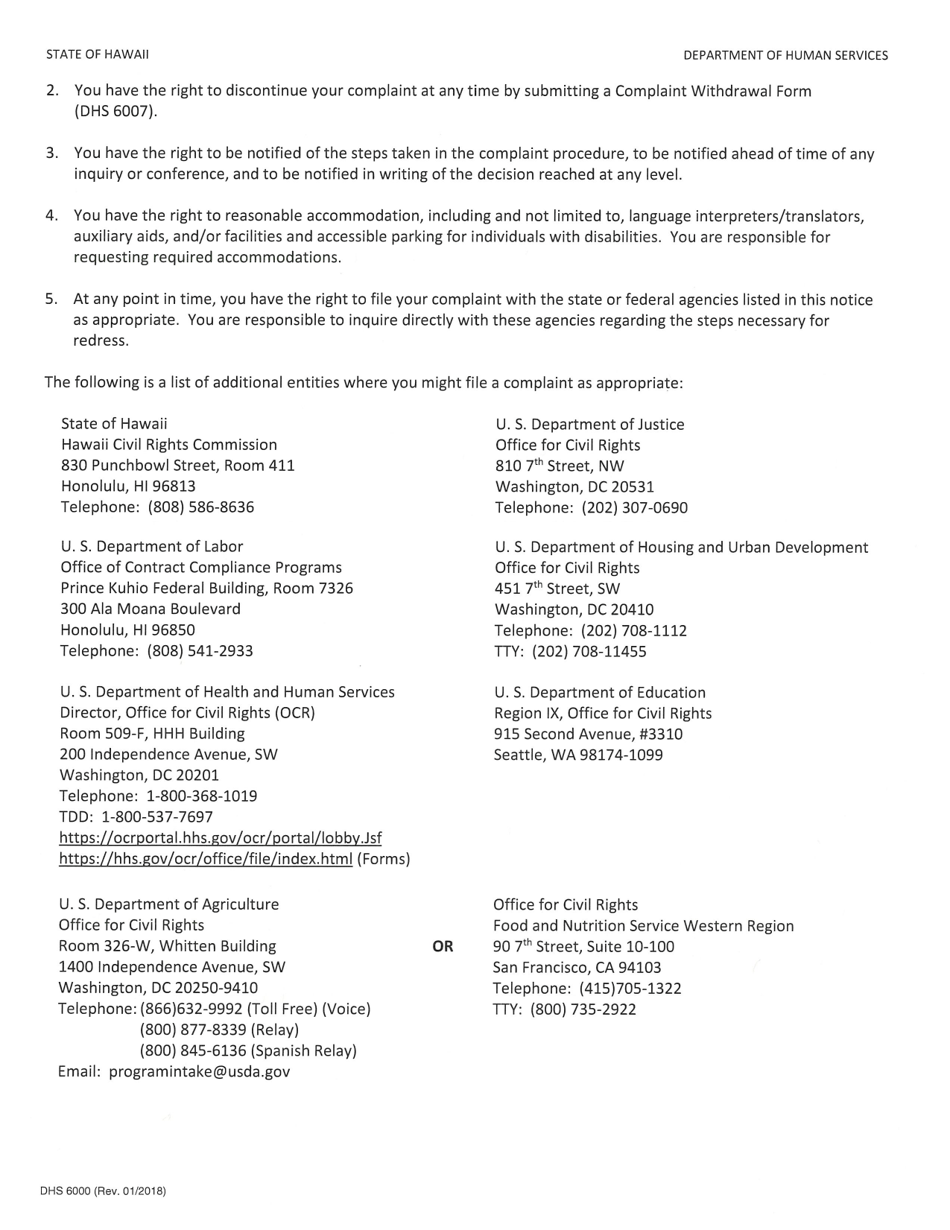 Form DHS6000 Discrimination Complaint Form - Hawaii, Page 3