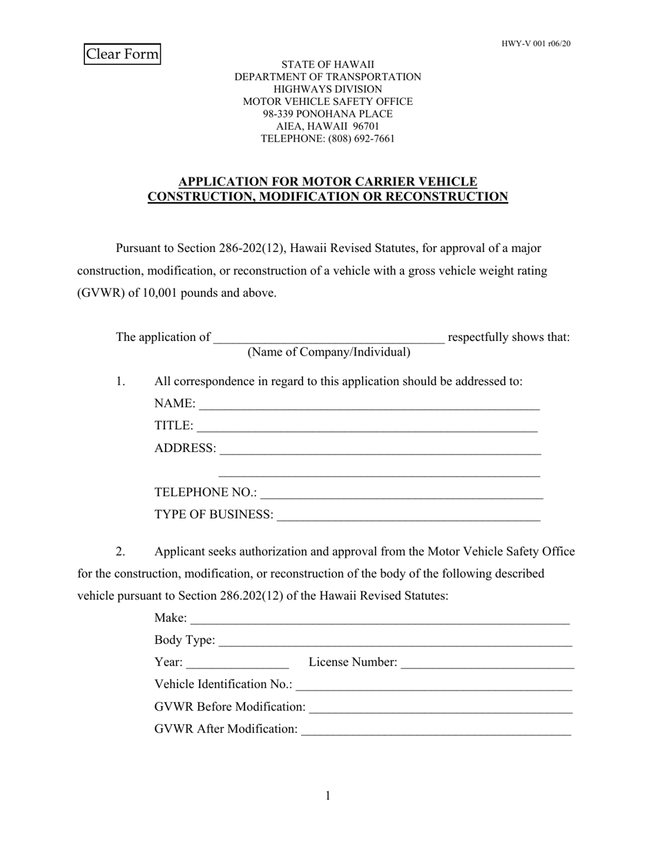 Form HWY-V001 Application for Motor Carrier Vehicle Construction, Modification or Reconstruction - Hawaii, Page 1