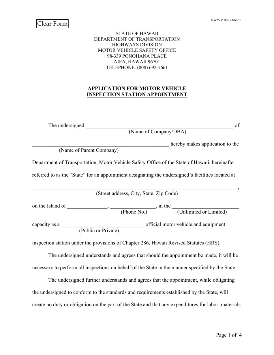 Form HWY-V002 Application for Motor Vehicle Inspection Station Appointment - Hawaii, Page 1