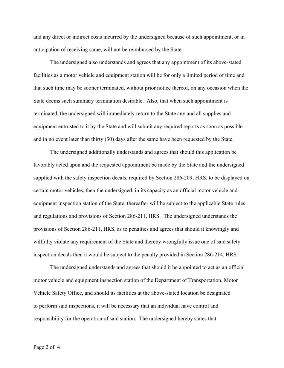 Form HWY-V002 Application for Motor Vehicle Inspection Station Appointment - Hawaii, Page 2