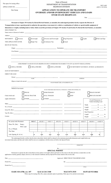 Form DOT4-005 Application to Operate or Transport Oversize and/or Overweight Vehicles and Loads Over State Highways - Hawaii