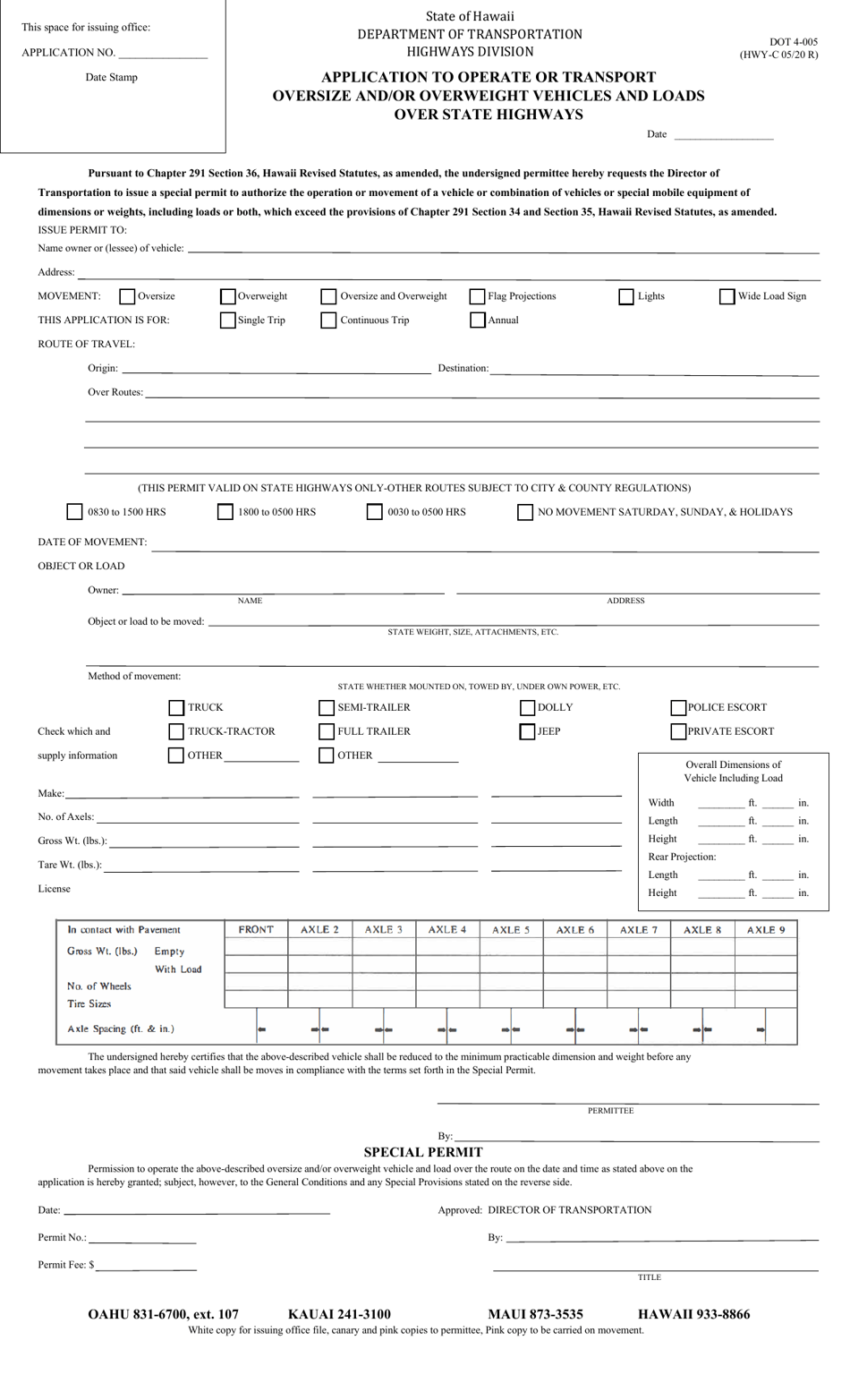 Form DOT4-005 Application to Operate or Transport Oversize and / or Overweight Vehicles and Loads Over State Highways - Hawaii, Page 1