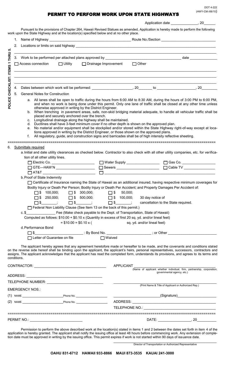 Form DOT4-222 Permit to Perform Work Upon State Highways - Hawaii, Page 1