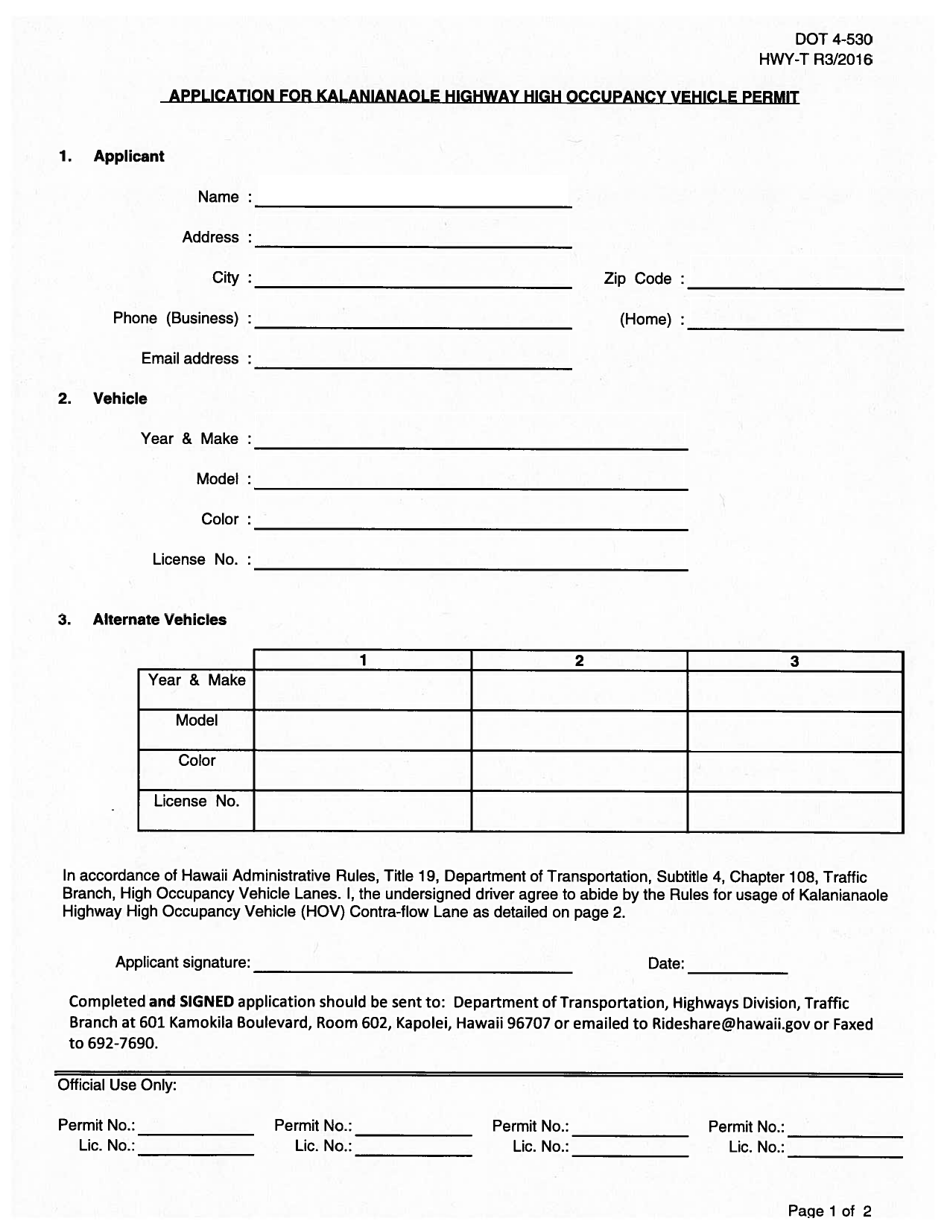 Form DOT4-530 Application for Kalanianaole Highway High Occupancy Vehicle Permit - Hawaii, Page 1