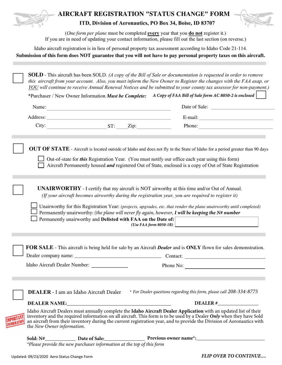 Aircraft Registration status Change Form - Idaho, Page 1